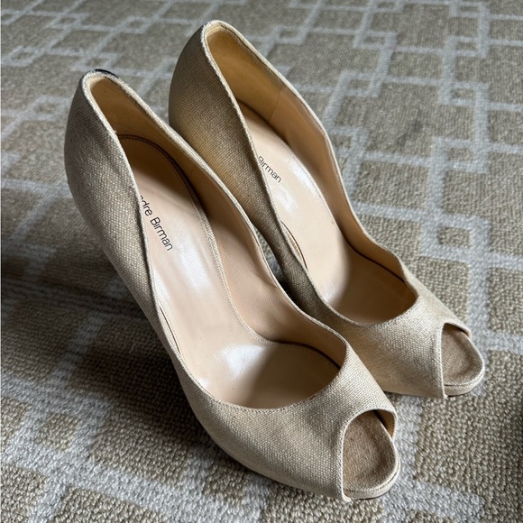 Alexandre Birman Cork Stiletto Heels Linen Peep Toe Pumps Beige High Heel 40.5 - Picture 8 of 11
